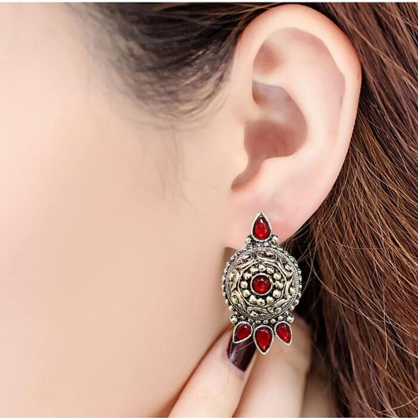 Jewelryklub Oxidized German Silver Antique Look Afghani Chandbali Earrings With Maroon Stones view 2