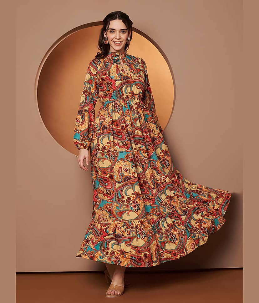 OTABU Women Viscose Rayon Printed A-line Dress ( Brown )