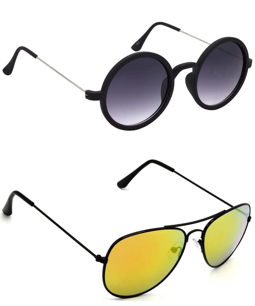 HRINKAR Unisex Round Sunglasses Silver & Black Frame, Grey & Golden Lens (Medium) - Pack of 2