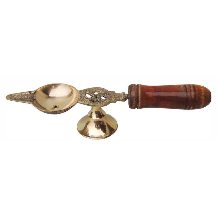 Brass Table Decor Oil Lamp Deepak With Wooden Handle - Traditional Deepak for Temple, Height : 1.2 Inch (FMAS363 B) view 3