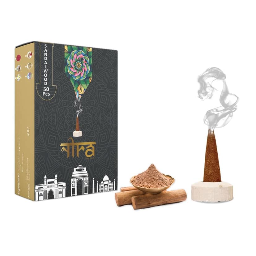 Nira Fragrances Natural Cow Dung Incense Cones | 50 Organic Dhoop Cones with Sandalwood Fragrances | Best for Pooja, Meditation, and Aromatherapy | Free Dhoop Stand Included
