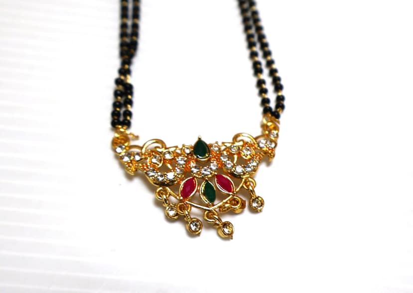 Elegant Gold-Plated Mangalsutra with Black Beads and Gemstone Pendant view 2