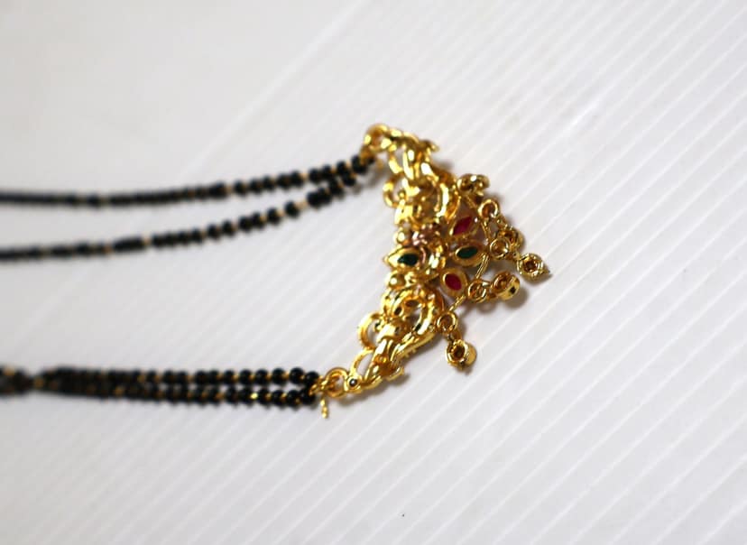 Elegant Gold-Plated Mangalsutra with Black Beads and Gemstone Pendant view 5