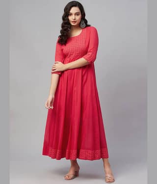 AMIRA'S INDIAN ETHNICWEAR Women Cotton Embroidered Ethnic Dress ( Red )