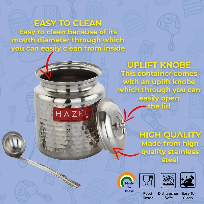 HAZEL Stainless Steel Ghee Container with Spoon, Oil Containers for Kitchen with Lid, 600 ML view 3