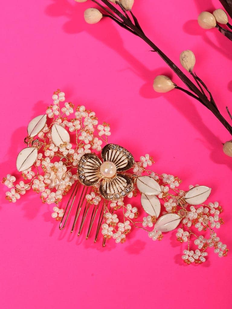 White & Gold Toned Enamelled Pearl Beaded Bridal Comb Pin view 2