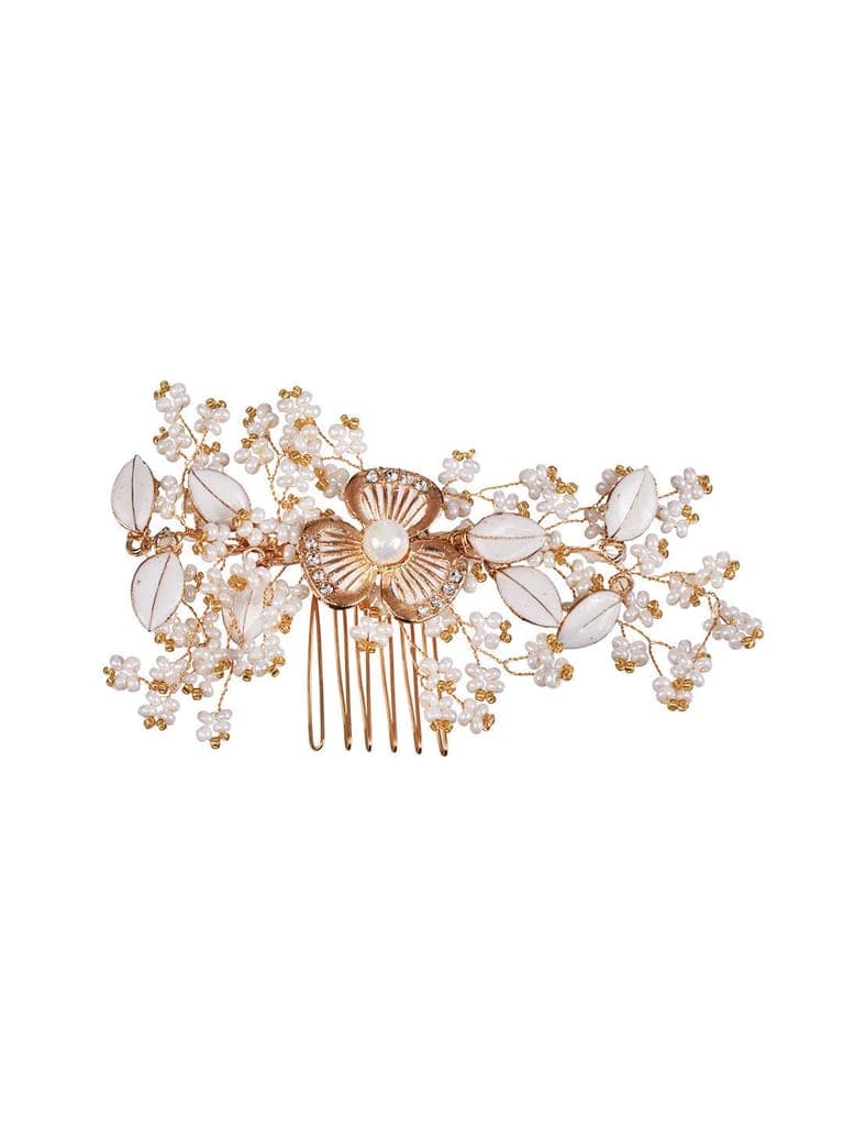 White & Gold Toned Enamelled Pearl Beaded Bridal Comb Pin view 3