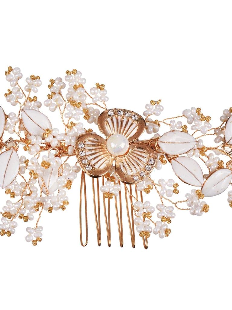 White & Gold Toned Enamelled Pearl Beaded Bridal Comb Pin view 4