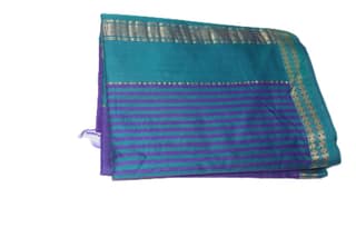 TULIP Cotton Saree with Blouse Piece, Purple and Teal, Striped Pattern, Golden Zari Border, Traditional Indian Ethnic Wear