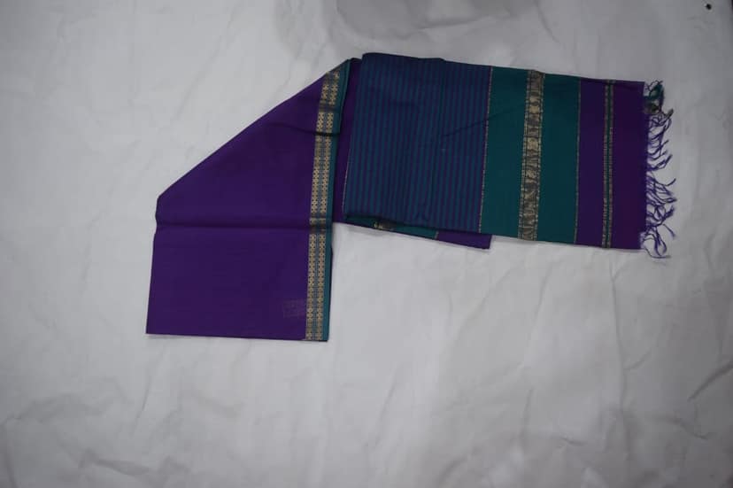TULIP Cotton Saree with Blouse Piece, Purple and Teal, Striped Pattern, Golden Zari Border, Traditional Indian Ethnic Wear view 3