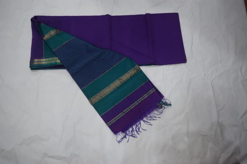 TULIP Cotton Saree with Blouse Piece, Purple and Teal, Striped Pattern, Golden Zari Border, Traditional Indian Ethnic Wear view 4