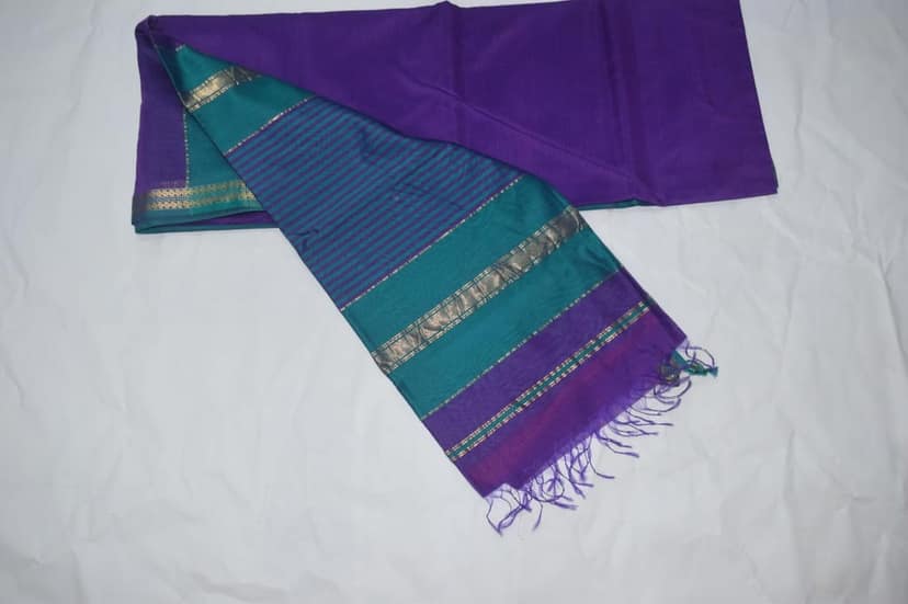 TULIP Cotton Saree with Blouse Piece, Purple and Teal, Striped Pattern, Golden Zari Border, Traditional Indian Ethnic Wear view 5
