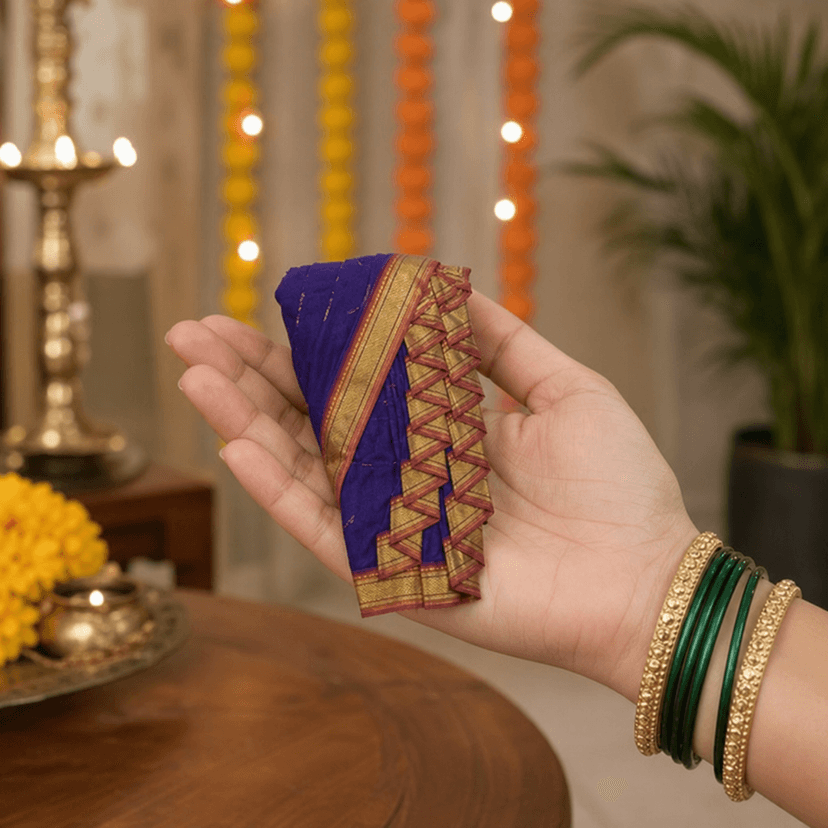 Mom and Me Acrylic Cotton Paithani Woven Mastani Nauvari Saree, Ready to Wear, Maharashtrian Marathi Style, Colours Blue, Green, Purple, Morpankhi, Orange, Pink, Red, Yellow view 3
