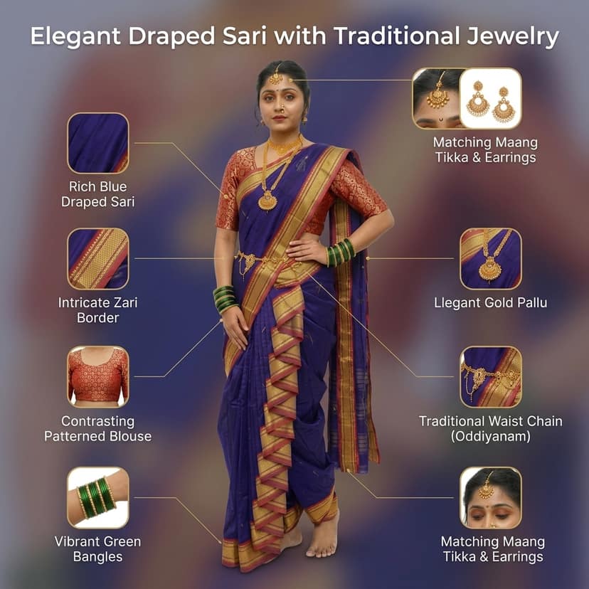 Mom and Me Acrylic Cotton Paithani Woven Mastani Nauvari Saree, Ready to Wear, Maharashtrian Marathi Style, Colours Blue, Green, Purple, Morpankhi, Orange, Pink, Red, Yellow view 4