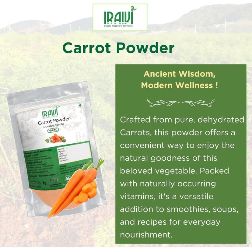 IRAIVI Premium Carrot Powder 200g | Gajar | 100% Pure Natural | Rich Vitamin A, Beta-Carotene & Fiber | Wholesome Vegetable Powder for Smoothies, Juices, Soups & Daily Nutrition| Eye & Skin Care view 2