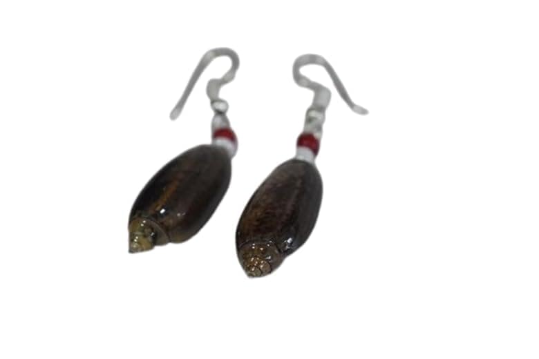 Handmade Natural Wood Dangle Earrings with Red and White Beads, Silver Hooks, Brown Oval Design