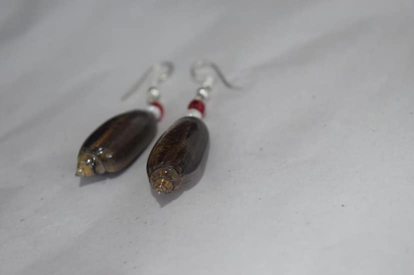 Handmade Natural Wood Dangle Earrings with Red and White Beads, Silver Hooks, Brown Oval Design view 3