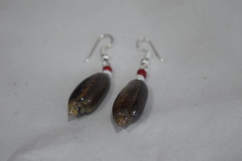 Handmade Natural Wood Dangle Earrings with Red and White Beads, Silver Hooks, Brown Oval Design view 4