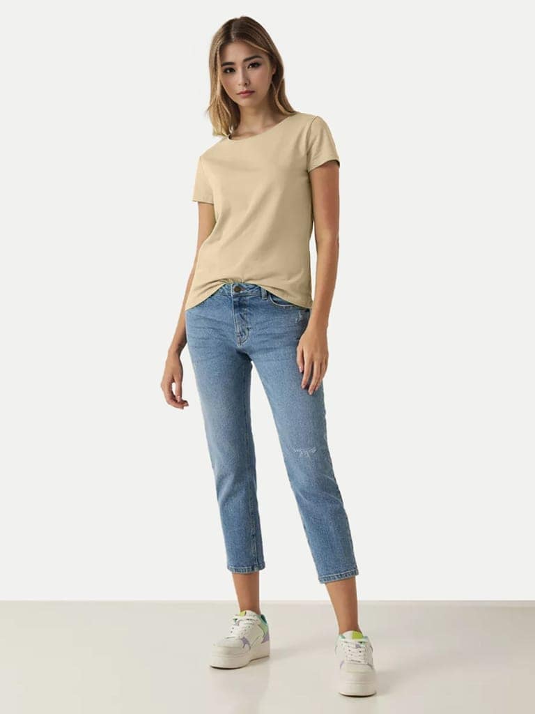 Women Beige Solid Half Sleeve T-shirt view 2