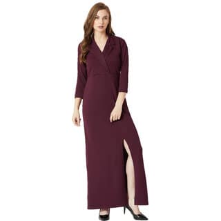 Miss Chase Women's Wine Red Collared V-Neck 3/4 Sleeve Solid Front Slit A-line Maxi Dress