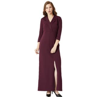 Miss Chase Women's Wine Red Collared V-Neck 3/4 Sleeve Solid Front Slit A-line Maxi Dress view 2