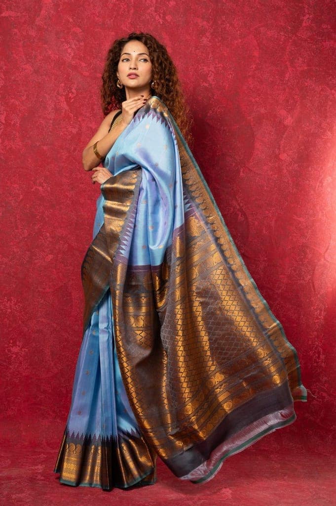 Gadwal Pure Silk Handloom Saree in Powder Blue with Copper Border (Limited Edition) view 2
