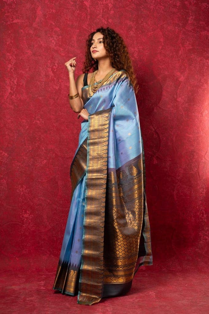 Gadwal Pure Silk Handloom Saree in Powder Blue with Copper Border (Limited Edition) view 3