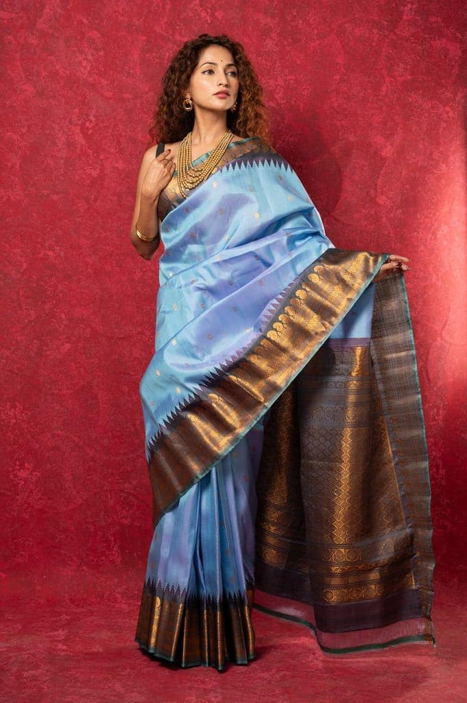 Gadwal Pure Silk Handloom Saree in Powder Blue with Copper Border (Limited Edition) view 4