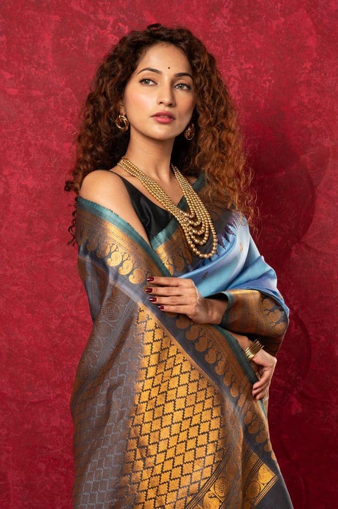 Gadwal Pure Silk Handloom Saree in Powder Blue with Copper Border (Limited Edition) view 5