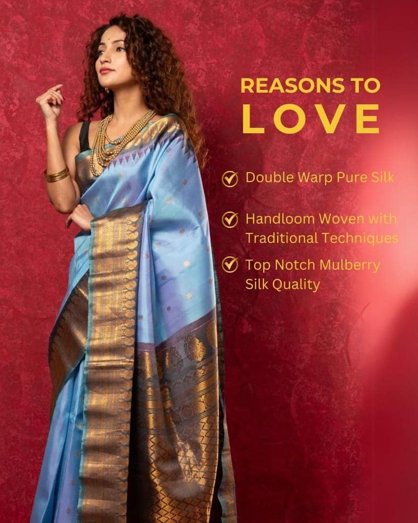 Gadwal Pure Silk Handloom Saree in Powder Blue with Copper Border (Limited Edition) view 6