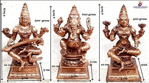 Searchers Paradise - Copper Idols ,Ganesh ,Lakshmi and Saraswathi Combo 4 inches, Copper Handmade 1620 Grams, Patina Antique Finish, Pack of 1 Piece view 2