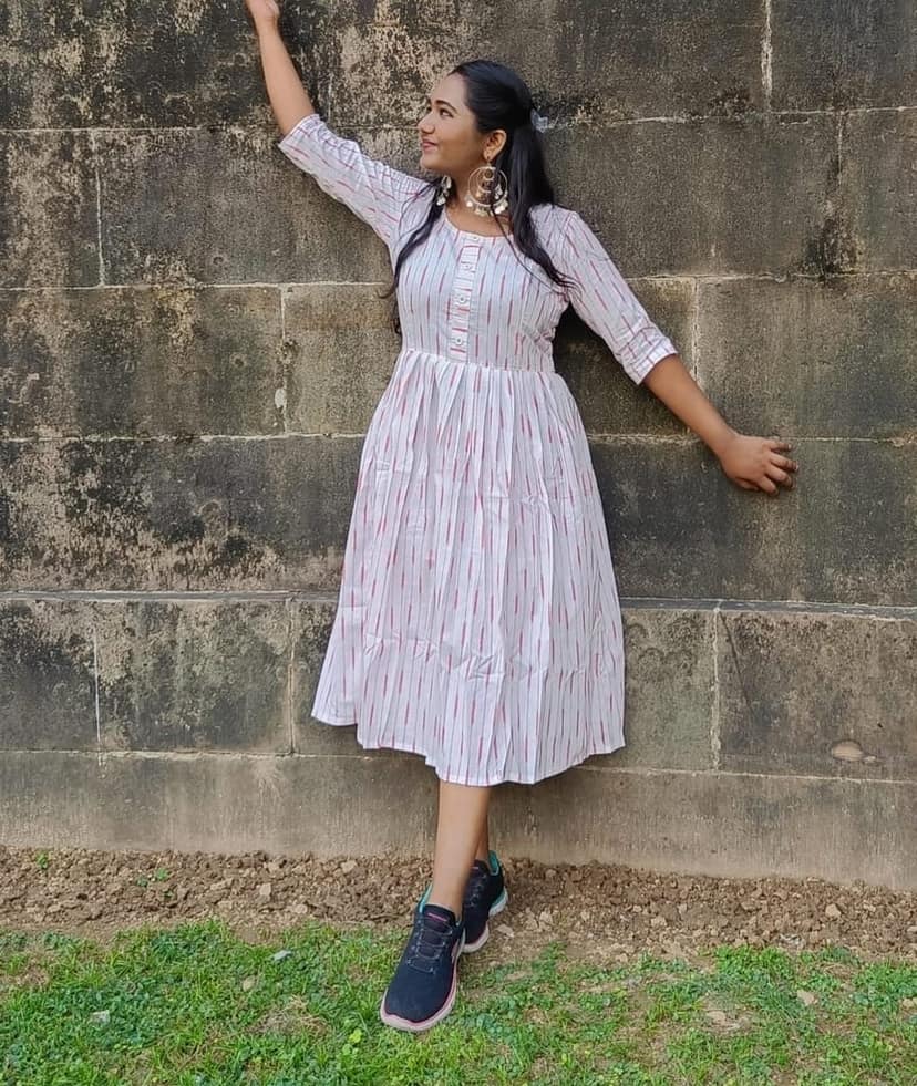 Pure Cotton Ikkat Dress White Colour (Size XXS(32) to Plus Size(56))-7723 view 3