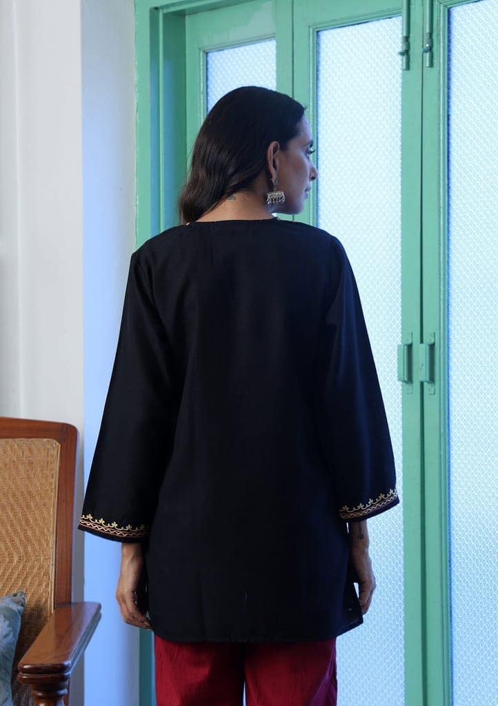 HOC Crafts Aari Embroidered Cotton Solid Women's Short Kurta - Black view 6