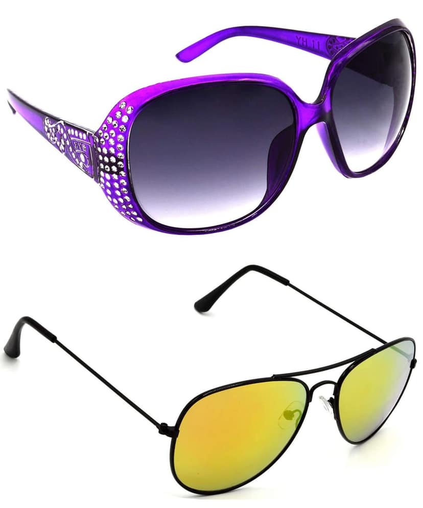 Hrinkar Unisex Round Sunglasses Violet & Black Frame, Grey & Golden Lens (Large) - Pack of 2