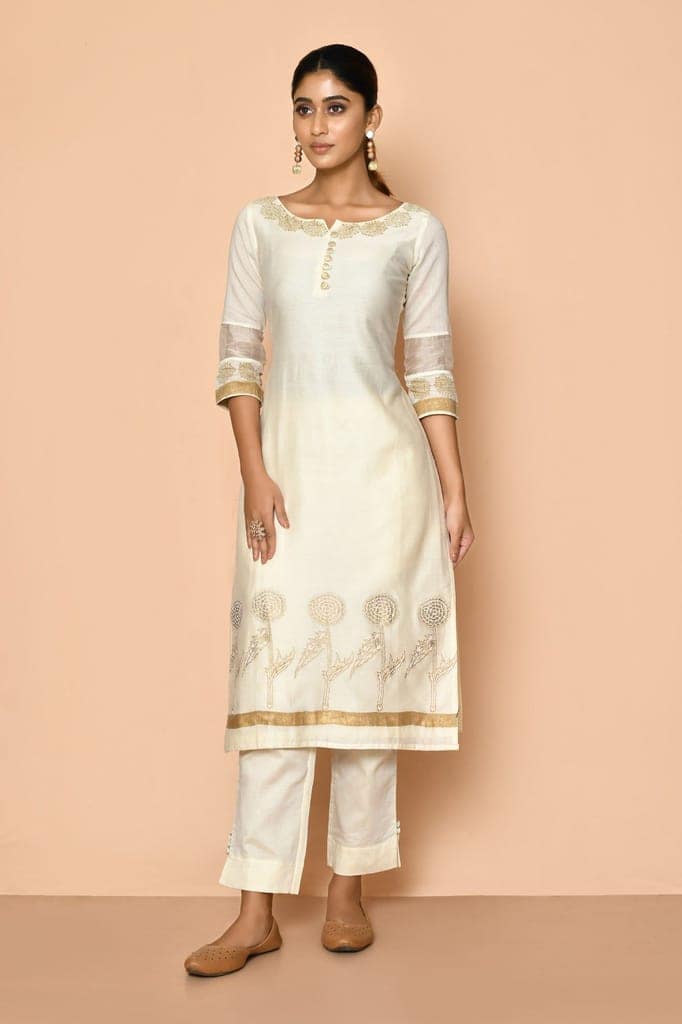 Ayoola flora Ivory handloom Maheshwari silk kurta set for women view 6