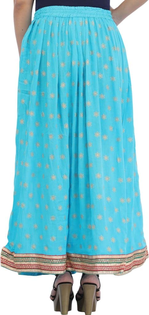 Batton-Blue Long Skirt with Golden Printed Bootis and Gota Border view 3