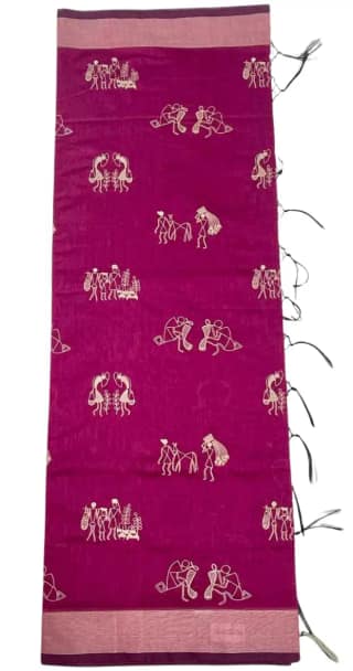 Saura Art Cotton Saree Wine Burgundy Tribal Figure Buti
