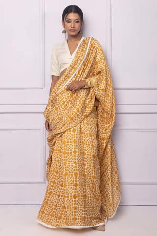 Muddy yellow Batik Printed Silk Saree