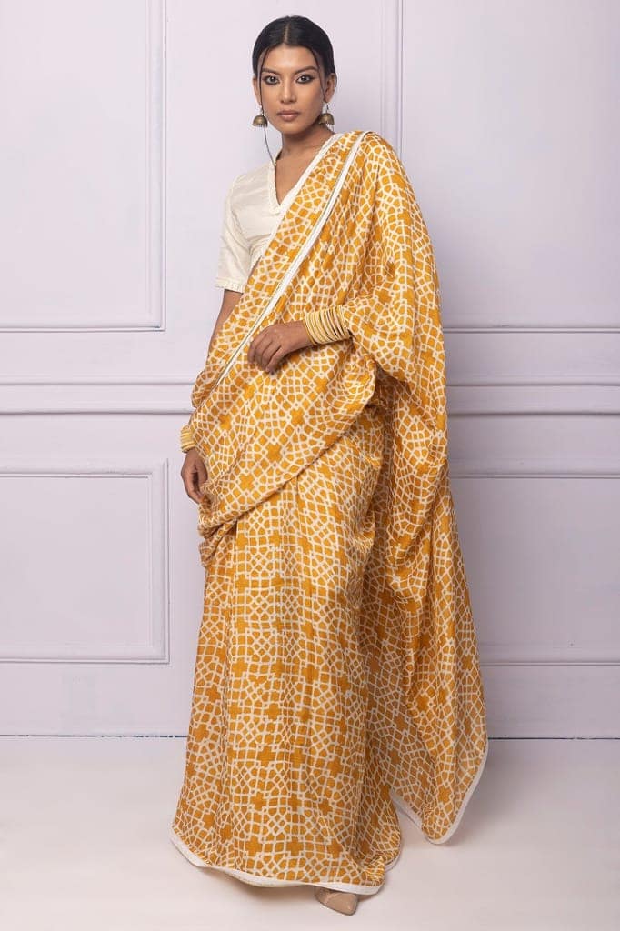 Muddy yellow Batik Printed Silk Saree view 2