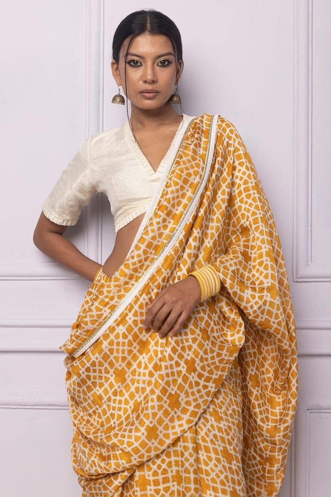 Muddy yellow Batik Printed Silk Saree view 3
