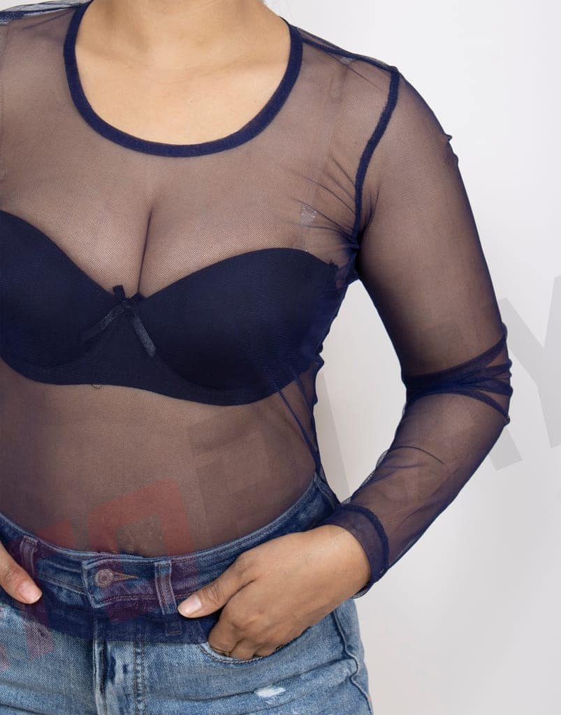 Blue Soft and Stretchy Cotton Knit Rib Fitted V Neck Fitted Casual and Sports Crop Top view 4