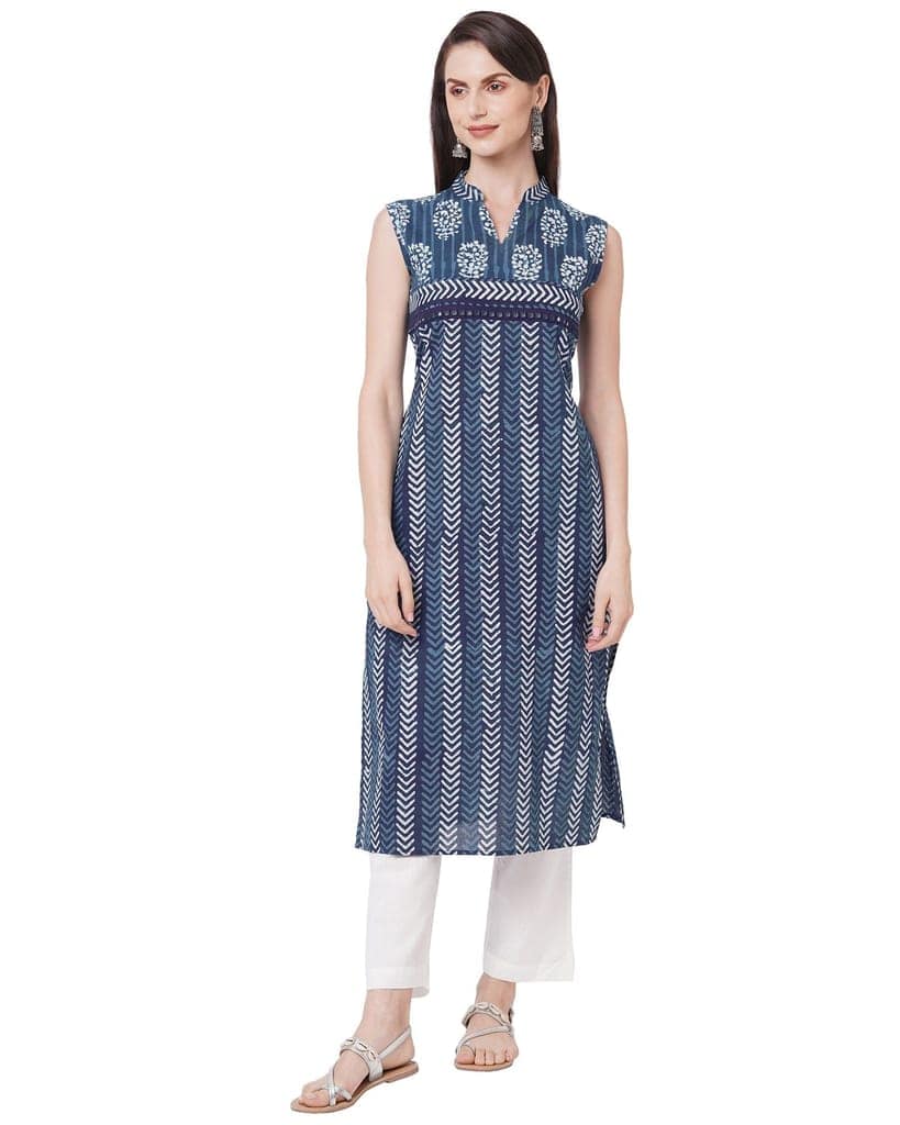 Indigo floral mirror work pure cotton kurta view 3