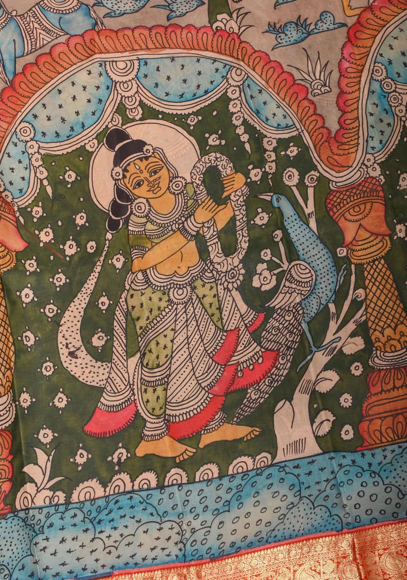 Green and Blue Authentic Pen Kalamkari on Pure Kanjivaram silk Saree with Zari Border | SILK MARK CERTIFIED view 6