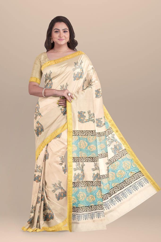 Cream Color Deer Motif Handwoven Hand Block Print Sausar Silk Saree SKU-AS10016