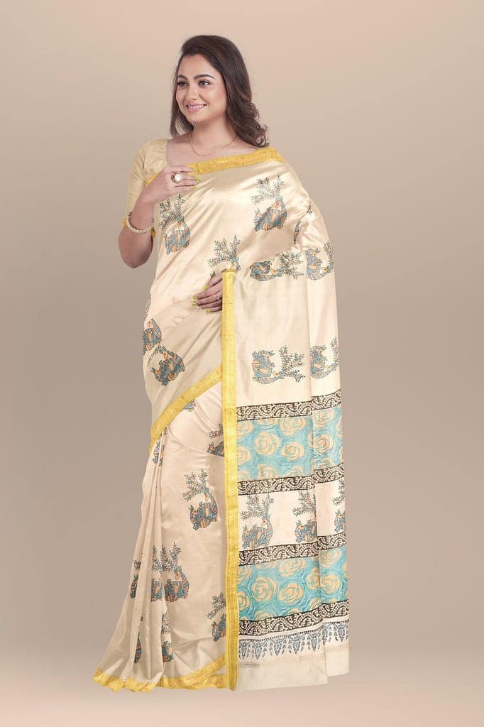 Cream Color Deer Motif Handwoven Hand Block Print Sausar Silk Saree SKU-AS10016 view 2