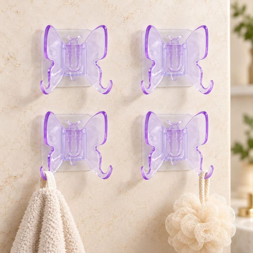Plastic Self Adhesive Butterfly Wall Hooks for Towels and Keys (4 Pc Set)