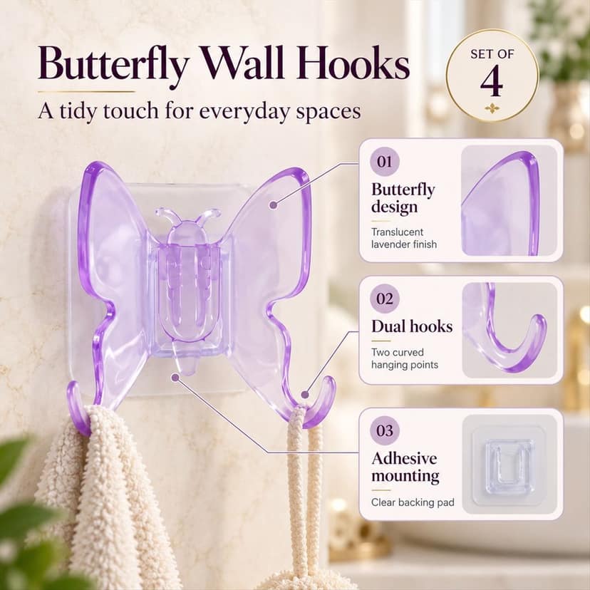 Plastic Self Adhesive Butterfly Wall Hooks for Towels and Keys (4 Pc Set) view 2