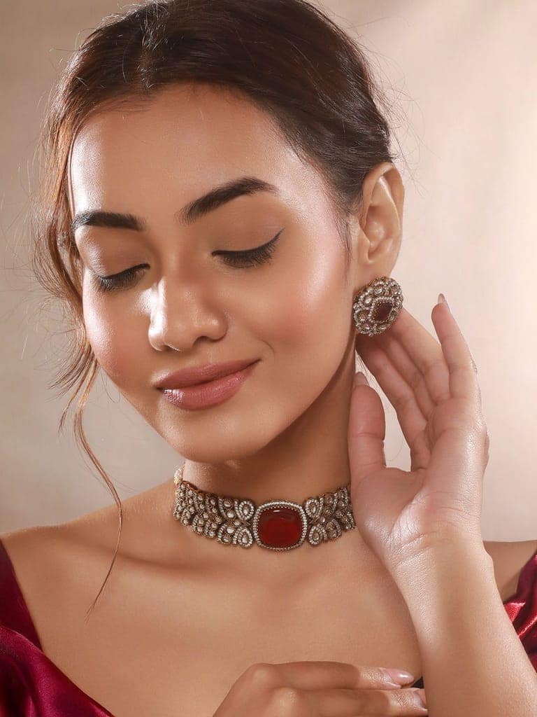 Gold Toned Ruby Red Mossanite Kundan Statement Choker Jewellery Set view 2