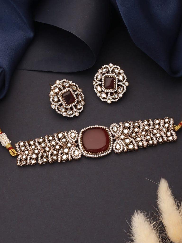 Gold Toned Ruby Red Mossanite Kundan Statement Choker Jewellery Set view 3