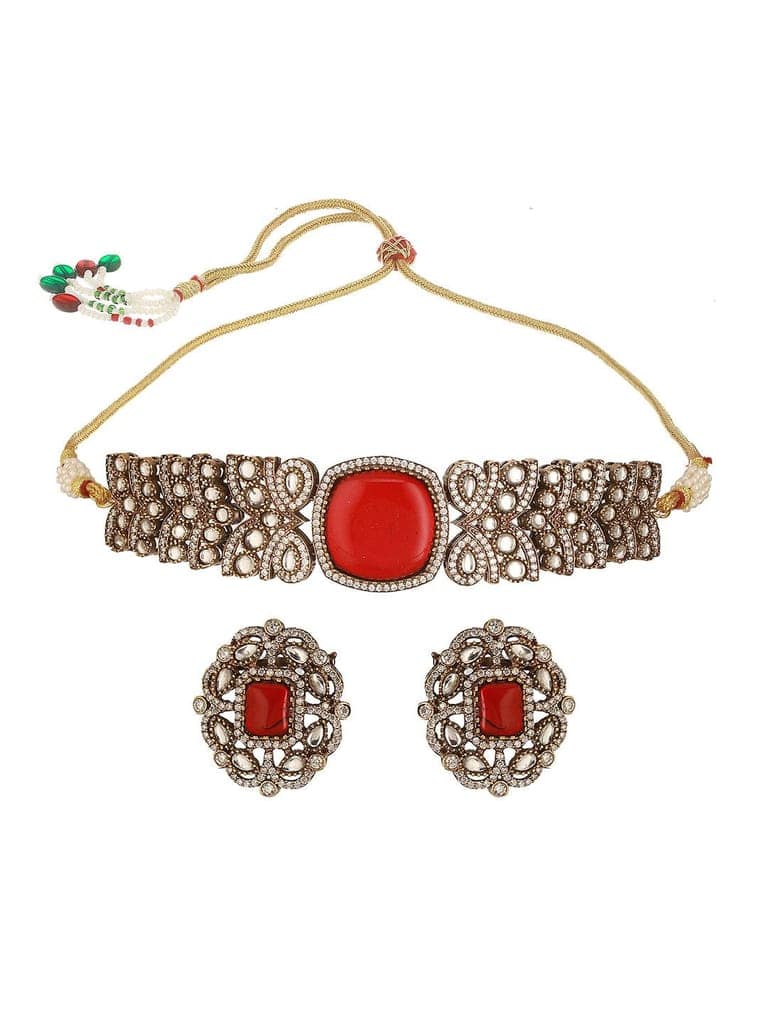 Gold Toned Ruby Red Mossanite Kundan Statement Choker Jewellery Set view 7